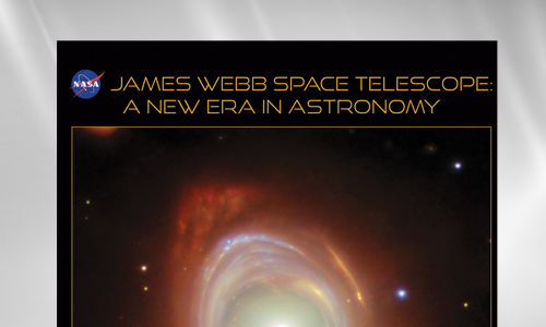  Poster titled "JAMES WEBB SPACE TELESCOPE: A NEW ERA IN ASTRONOMY" featuring the NASA logo and a vivid astronomical image of a celestial object with bright light and colorful gas formations captured by the James Webb Space Telescope.