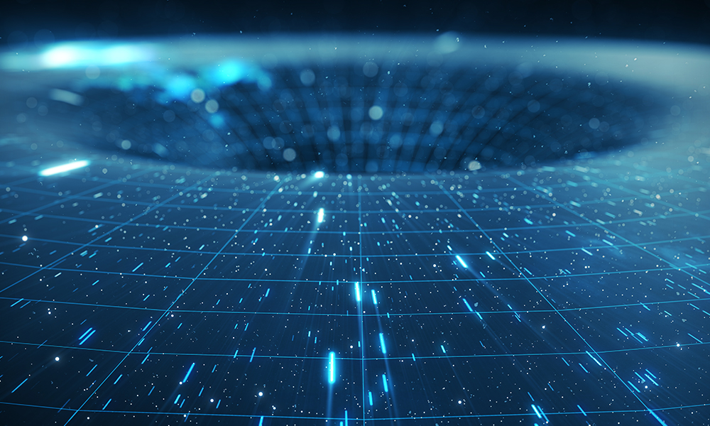 Digital illustration of a blue grid-like structure in space curving into a central dark void, representing a black hole or wormhole. Bright particles and light streaks suggest stars and cosmic phenomena, emphasizing the gravitational warping of spacetime.