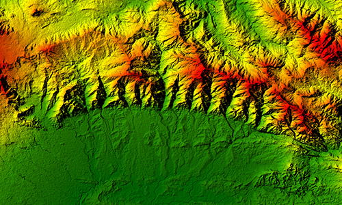 Color-coded topographic map showing elevation changes with green areas representing lower terrain and red areas indicating higher elevations.