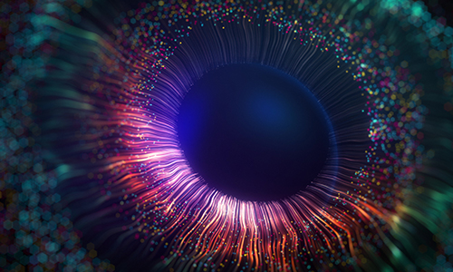 A digital illustration resembling an abstract eye or a black hole. The central dark circle is surrounded by vibrant, multicolored light streaks and particles, creating a dynamic and mesmerizing visual effect. The colors range from purples and blues to reds and oranges, giving the image a sense of depth and motion.