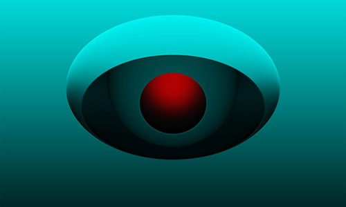 Digitally rendered Fresnel eye emerging from a wave surface—turquoise elliptical ring with glowing red pupil, evoking birefringence and light separation.