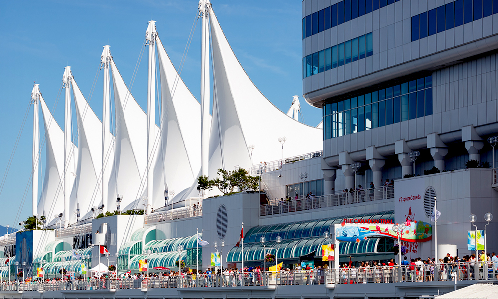 An afternoon exterior waterfront view of the Vancouver Convention Centre - East, Canada Place, Vancouver, British Columbia, Canada