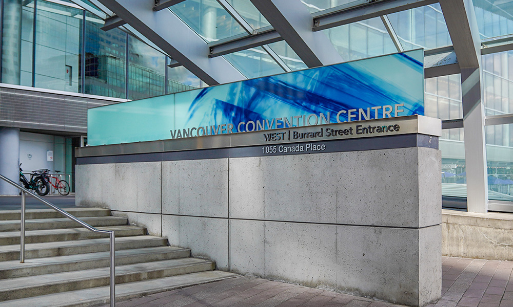 An afternoon exterior waterfront view of the Vancouver Convention Centre, Vancouver, British Columbia, Canada