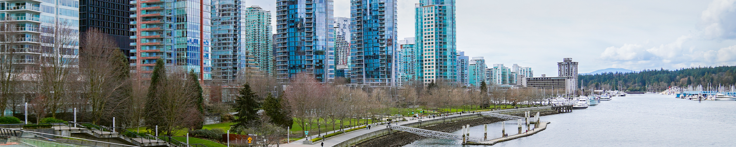 An aerial view of the harbour including the Vancouver Convention Centre