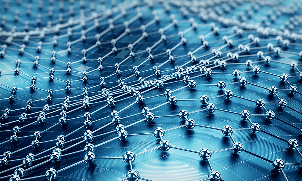 Close-up view of a stylized molecular structure representing a lattice of interconnected spheres and rods, arranged in a repeating pattern across a blue metallic surface. 