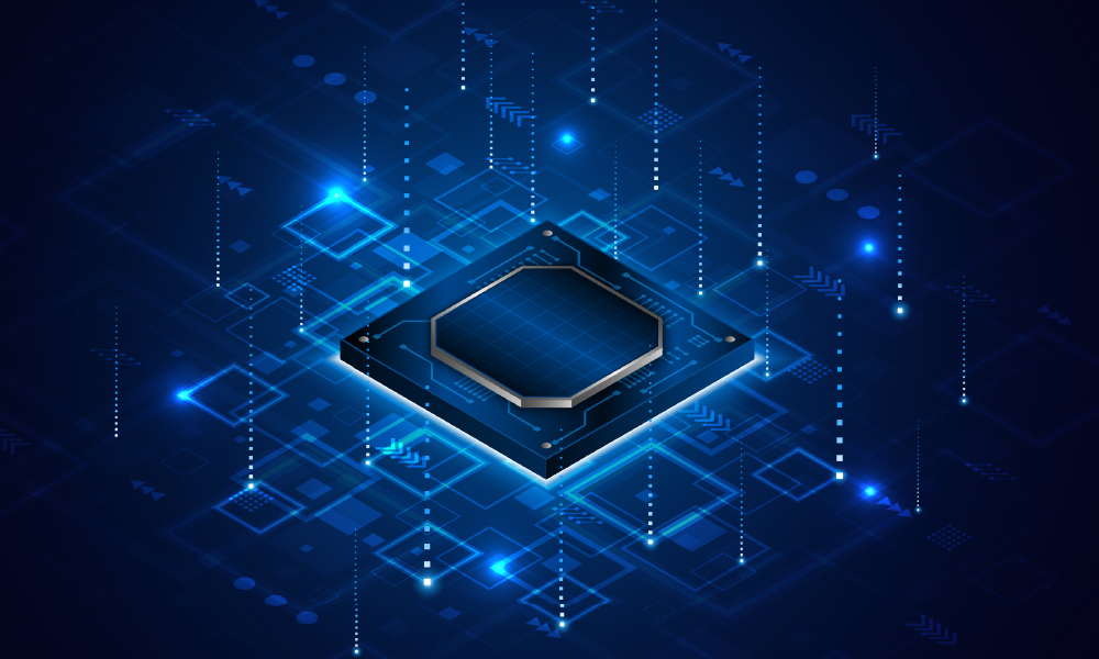 Futuristic illustration of a photonic platform with glowing blue circuitry and a central chip.