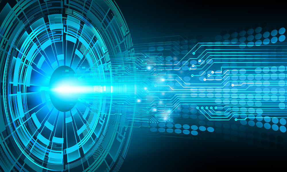 Digital concept of artificial intelligence featuring a glowing blue core and circuit-like patterns.