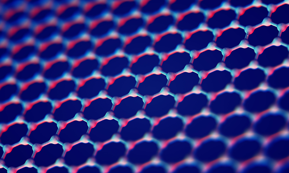 Close-up of an artistic rendering of a metamaterial lattice with a repeating hexagonal pattern in blue and red hues.