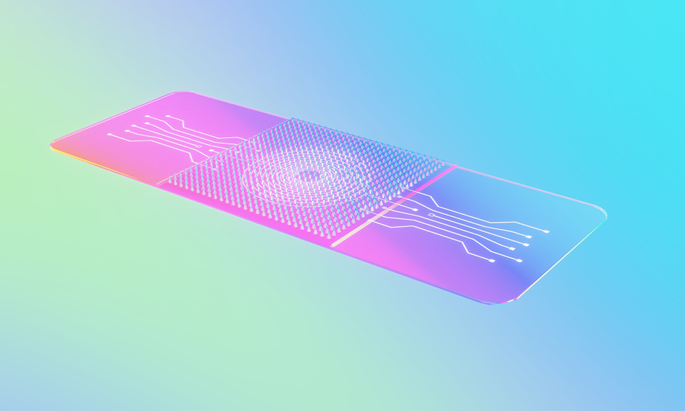 Futuristic illustration of a sensor with a blue and green gradient background and pink circuit-like design.