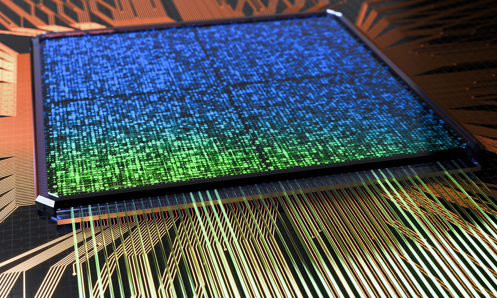 Illustration of a photonic computing chip with blue and green light patterns and intricate gold wiring.