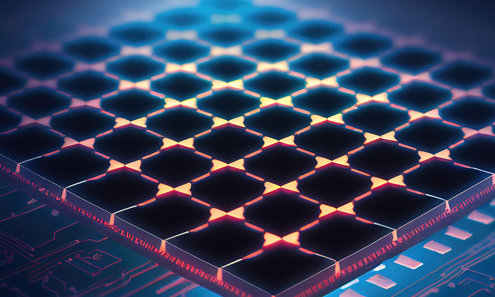 Artistic rendering of a photonic device array with glowing interconnected elements on a circuit board.