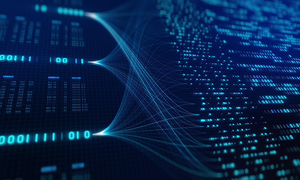 Digital visualization of data processing with glowing blue binary code and network lines.