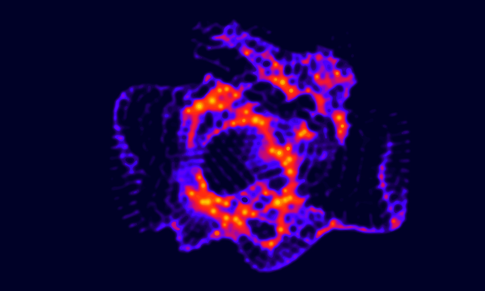 Colorful visualization showing data in bright purple and orange patterns.