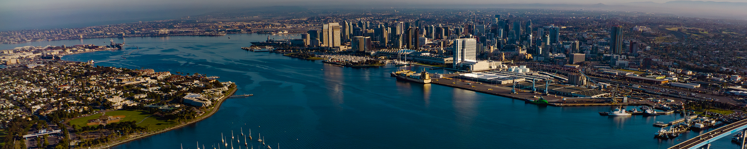 Aerial view of  the city of San Diego with a dense cluster of skyscrapers along the waterfront, an active harbor with docks and ships, and a bridge spanning part of the bay, with mountains faintly visible in the distance.
