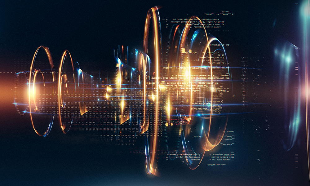 A futuristic digital scene with luminous circular rings and flowing light trails, layered with lines of code and data symbols against a dark background, evoking concepts of data processing and innovation.