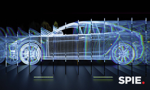 Digital rendering of a car displayed as a wireframe model with neon light effects, shown across multiple vertical panels with the SPIE logo in the corner.