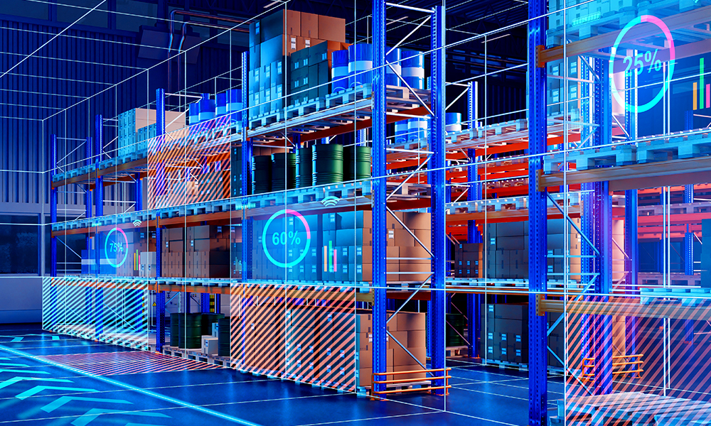 A colorful warehouse with an augmented reality overlay with stats and diagrams