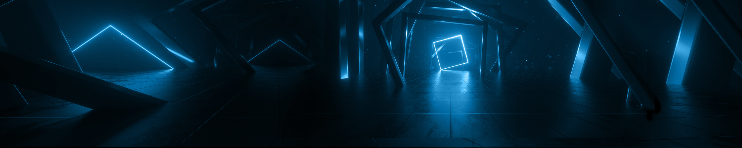 Blue glowing squares and triangles against a black background