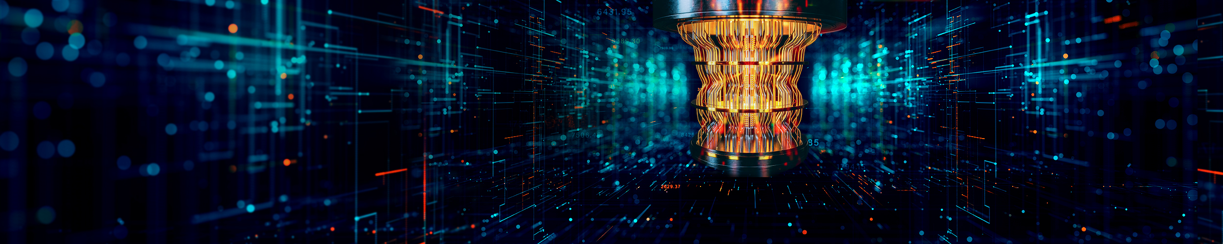 A brightly glowing yellow quantum computer is featured against an abstract background of blue, red, and turquoise dots and lines.
