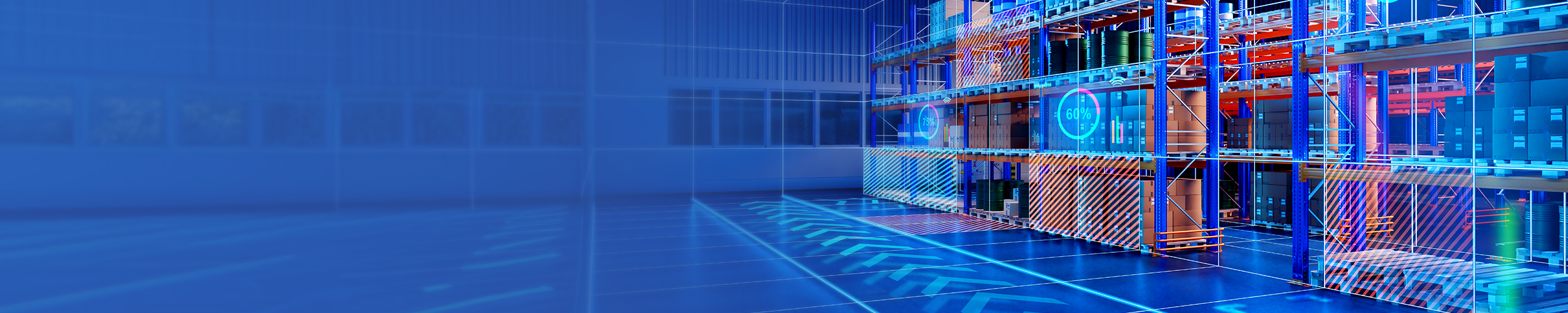 A colorful warehouse with an augmented reality overlay with stats and diagrams