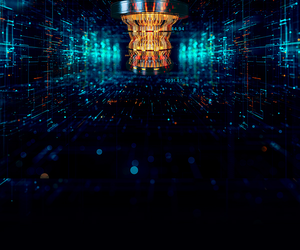 A brightly glowing yellow quantum computer is featured against an abstract background of blue, red, and turquoise dots and lines.