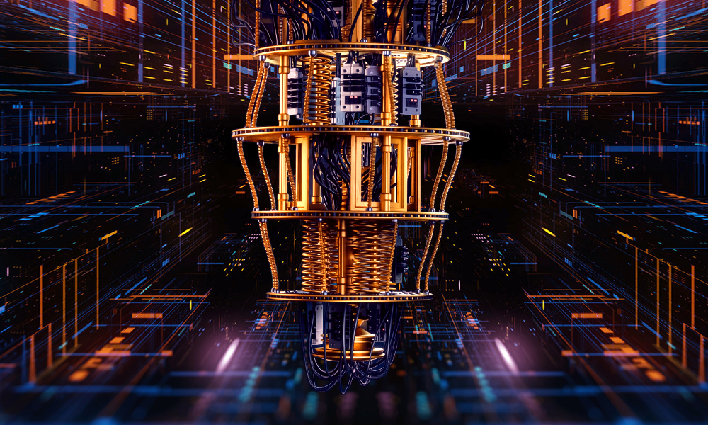 Highly detailed image of a quantum computer, shown as a vertically suspended cylindrical quantum processing unit inside a futuristic data‑center environment. The quantum computer features stacked metallic rings, copper‑colored coils, springs, and densely bundled cables arranged in precise layers, representing cryogenic and control components used to operate qubits. Numerous black and gold wires connect the internal structures. 
