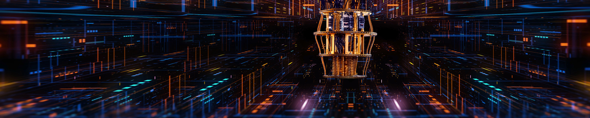 Highly detailed image of a quantum computer, shown as a vertically suspended cylindrical quantum processing unit inside a futuristic data‑center environment. The quantum computer features stacked metallic rings, copper‑colored coils, springs, and densely bundled cables arranged in precise layers, representing cryogenic and control components used to operate qubits. Numerous black and gold wires connect the internal structures. 
