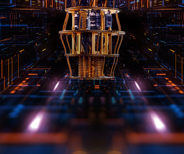 Highly detailed image of a quantum computer, shown as a vertically suspended cylindrical quantum processing unit inside a futuristic data‑center environment. The quantum computer features stacked metallic rings, copper‑colored coils, springs, and densely bundled cables arranged in precise layers, representing cryogenic and control components used to operate qubits. Numerous black and gold wires connect the internal structures. 