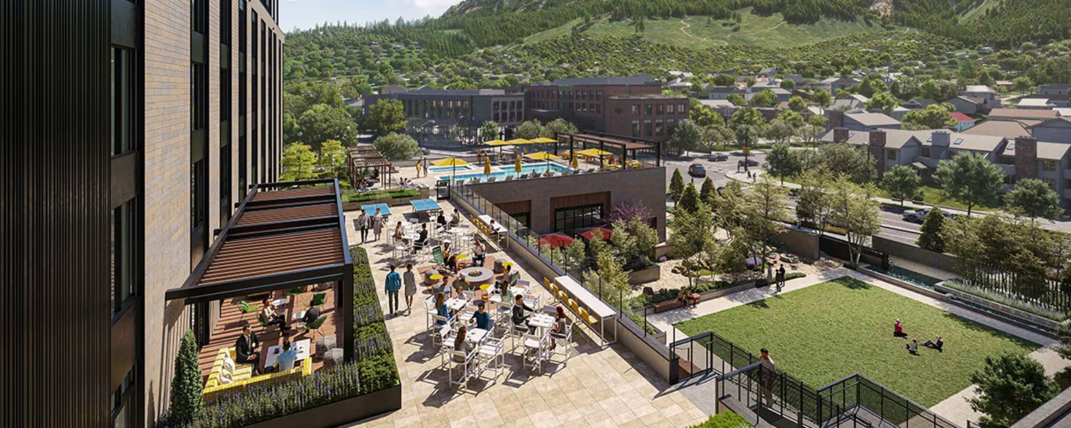 Limelight Boulder hotel rendering with guests walking on property in front of mountains
