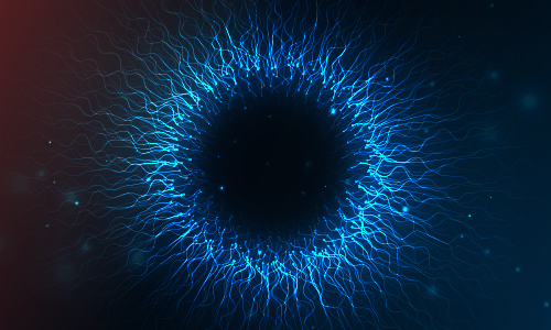 Dark circular center surrounded by bright blue, wavy lines resembling electrical currents or neural connections, set against a gradient background transitioning from black to reddish hues.