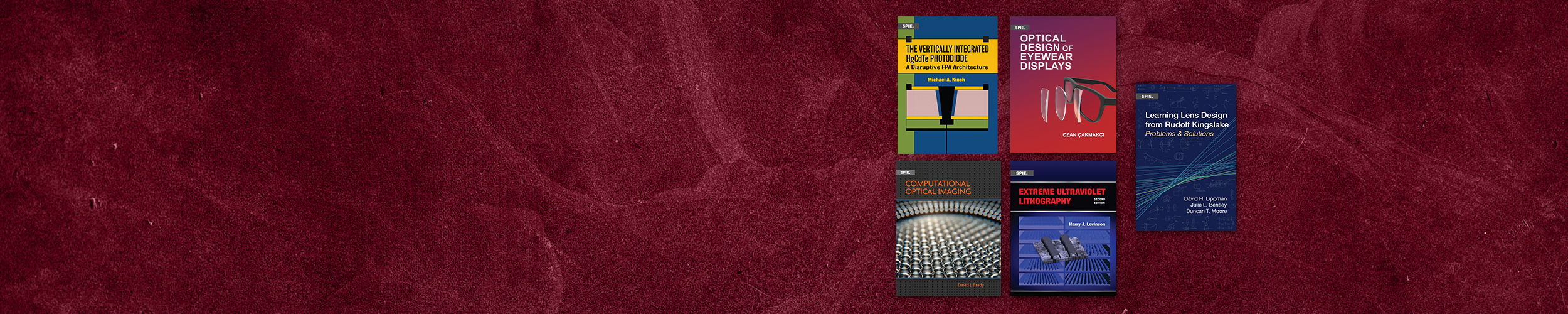 Five technical SPIE book covers on optics, photonics, and research methods on a red background.