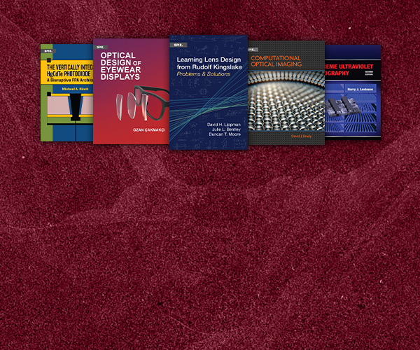 Five technical SPIE book covers on optics, photonics, and research methods on a red background.