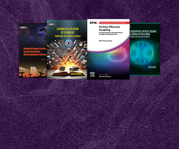 Four technical SPIE book covers on optics, photonics, and research methods on a red background.