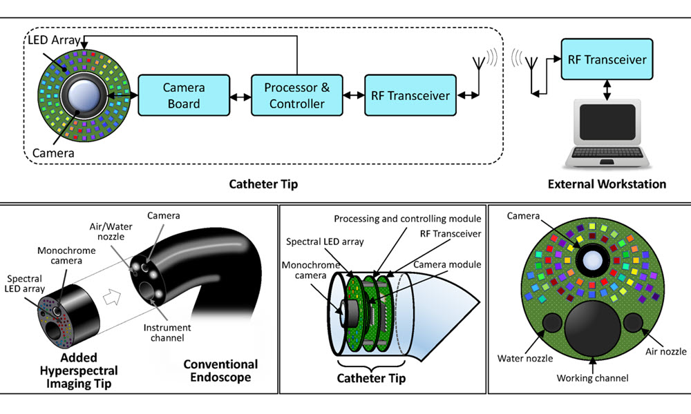 The proposed hyperspectral endoscopic imaging system includes a spectral LED array in the catheter tip