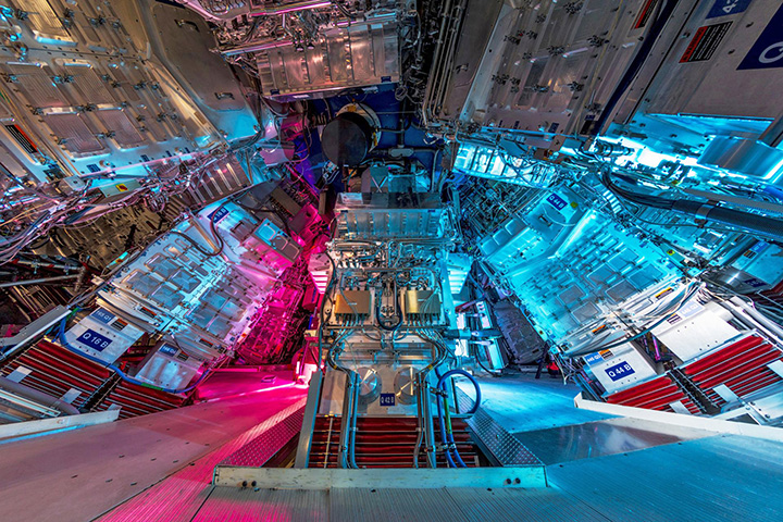 A view from NIF’s target bay of some of the final optics assemblies surrounding the target chamber.