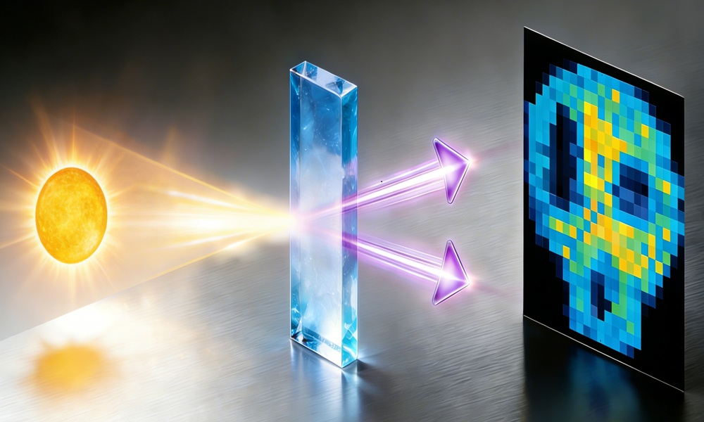 Illustration of ghost imaging: sunlight passes through a clear crystal, splitting into beams that reconstruct a pixelated skull image on a detector panel.