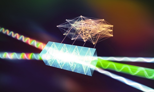 Abstract illustration of photonic neural network: colored light waves enter a transparent chip, transform inside, and emerge as distinct beams of light signals