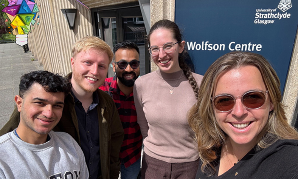 Akhil Kallepalli, middle, with three of his students, left to right: Sankhonil Mukhopadhyay, Fraser Eadie, and Renata Loberto. SPIE Fellow Caroline Boudoux, a professor at Polytechnique Montreal on a visit to Kallepalli and his team, is at the far right.