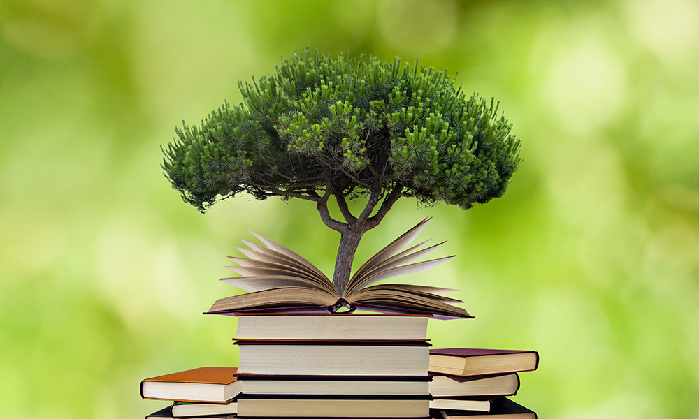 A tree grows from an open book resting on a stack of closed books, with a blurred green background suggesting nature.