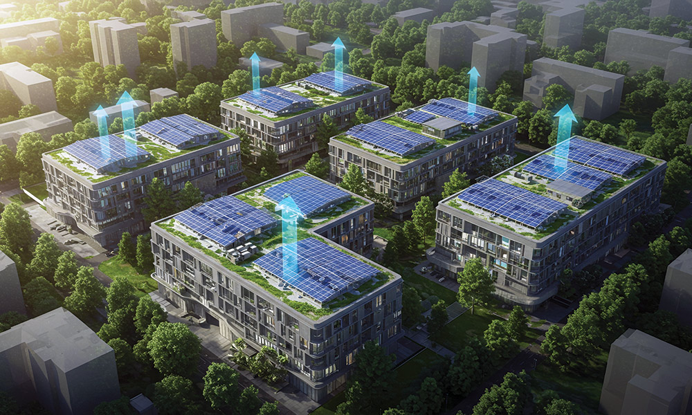 Depiction of a futuristic city with extensive use of radiative cooling on roof structures