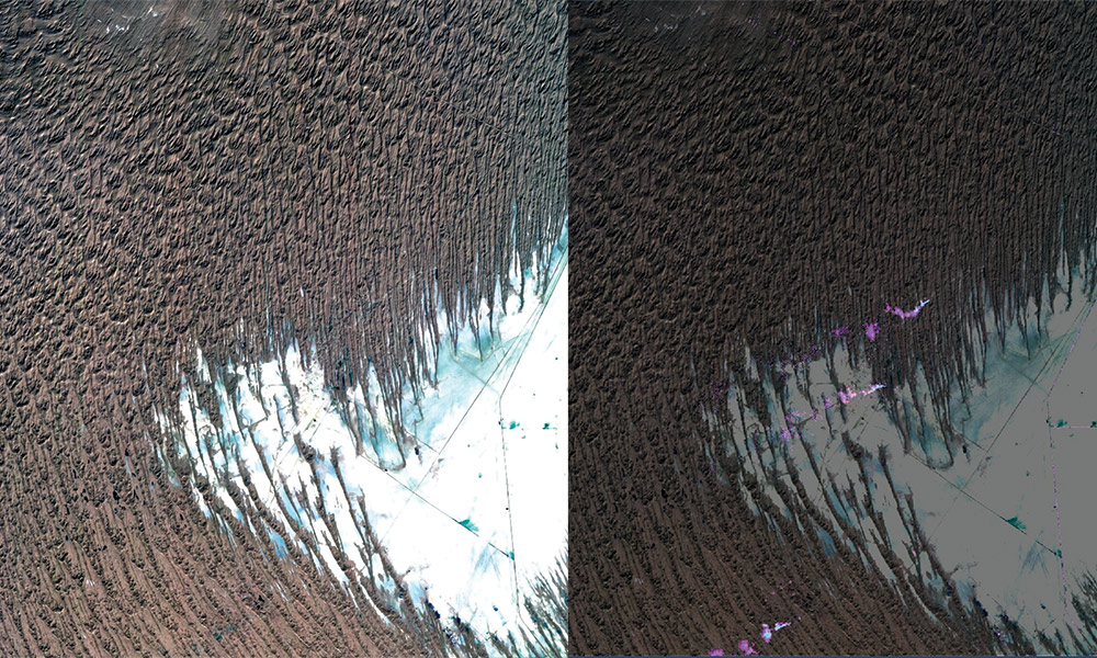 Methane leaks (purple areas, right photo) detected from a pipeline in Turkmenistan in 2022