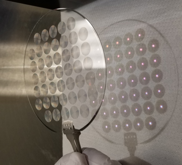 45 fabricated 1 cm metalenses on a 4 inch glass wafer