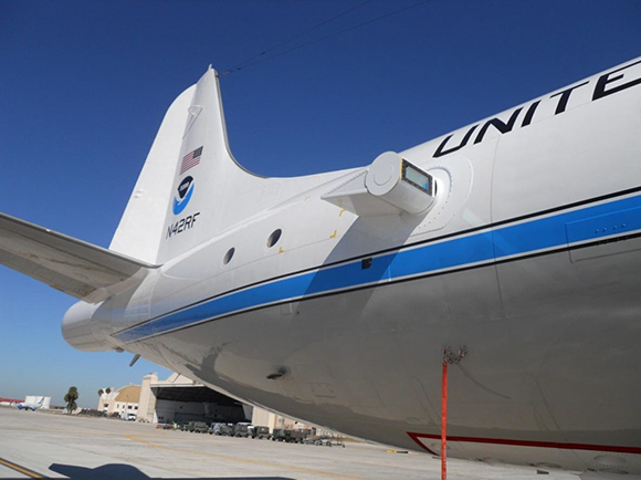 Doppler wind lidar scanner on the side of NOAA's Hurricane Hunter
